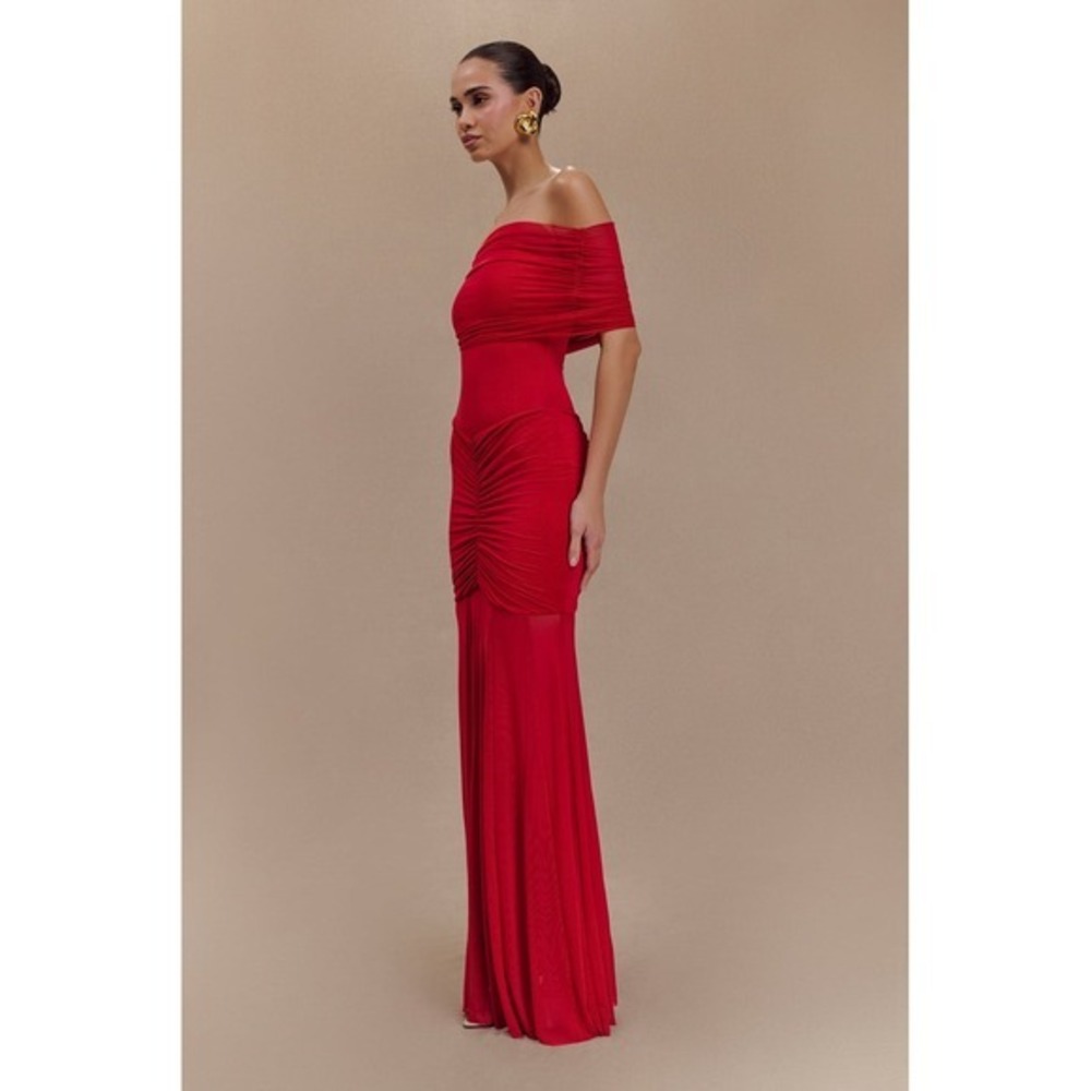 MESHKI Red Off Shoulder Ruched Mesh Maxi Dress Size XXl - Picture 6 of 17